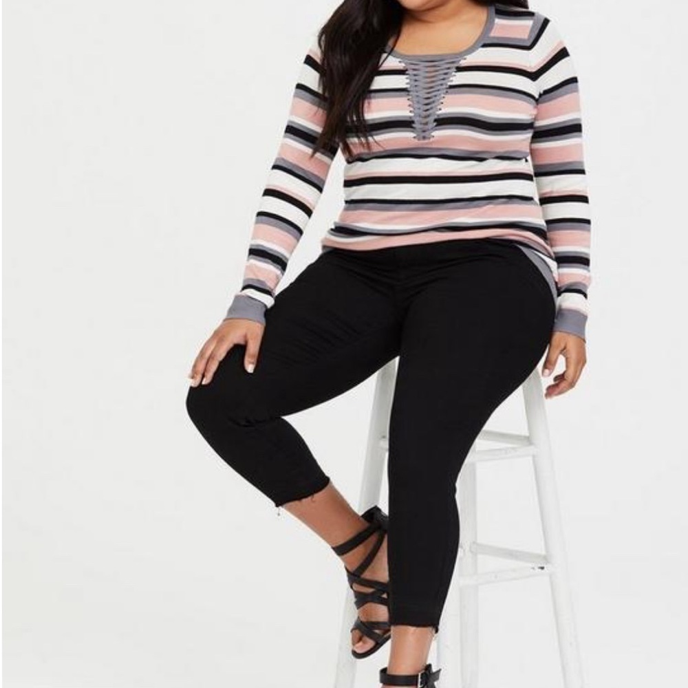 Torrid Woman’s Lightweight Pink Gray Striped Lightweight Lace Up Knit Sweater